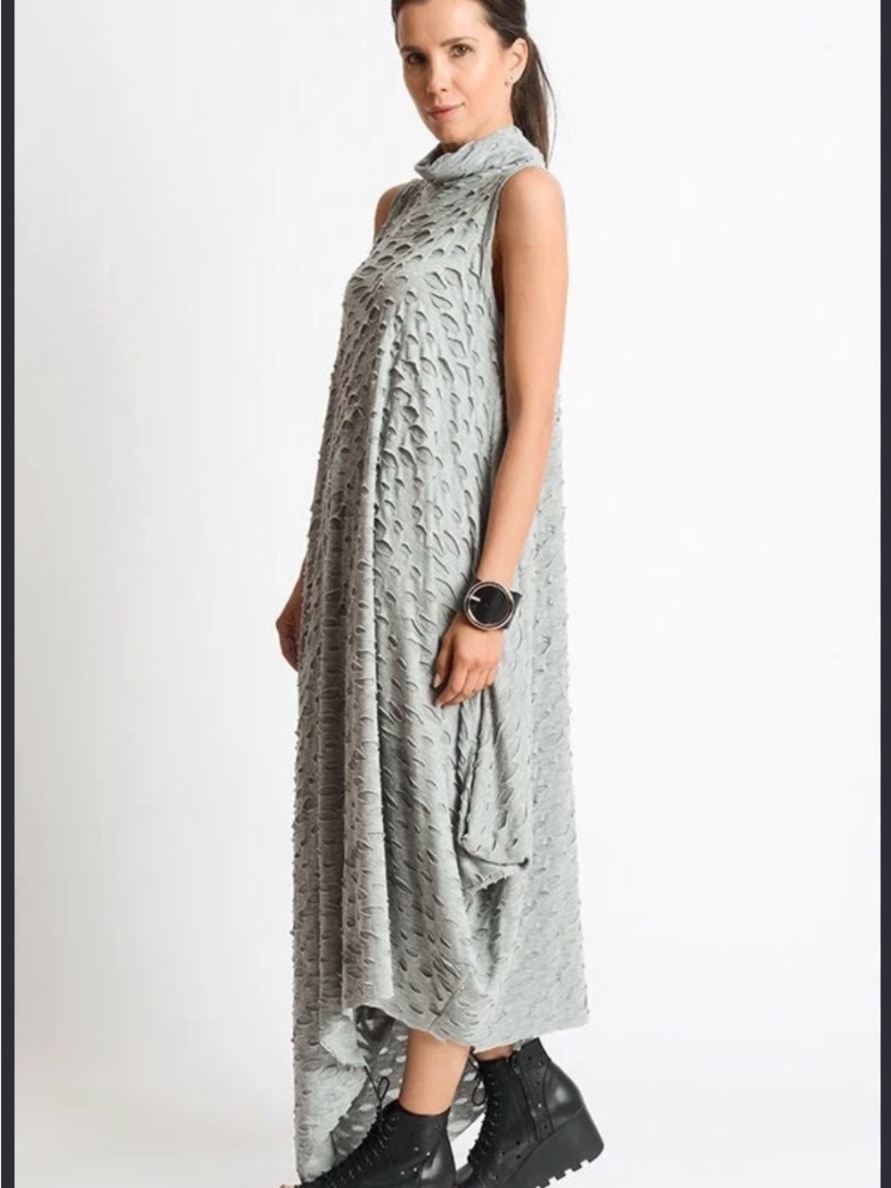 Sleeveless Textured Midi Dress with High Neck in Light Gray